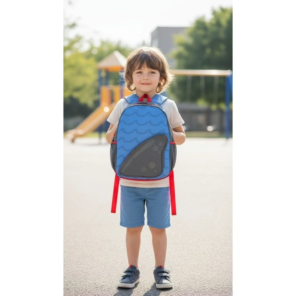 Cat & Jack Kids Shark Novelty Backpack Blue Grey Red 16.5 inch School Bag NWT
